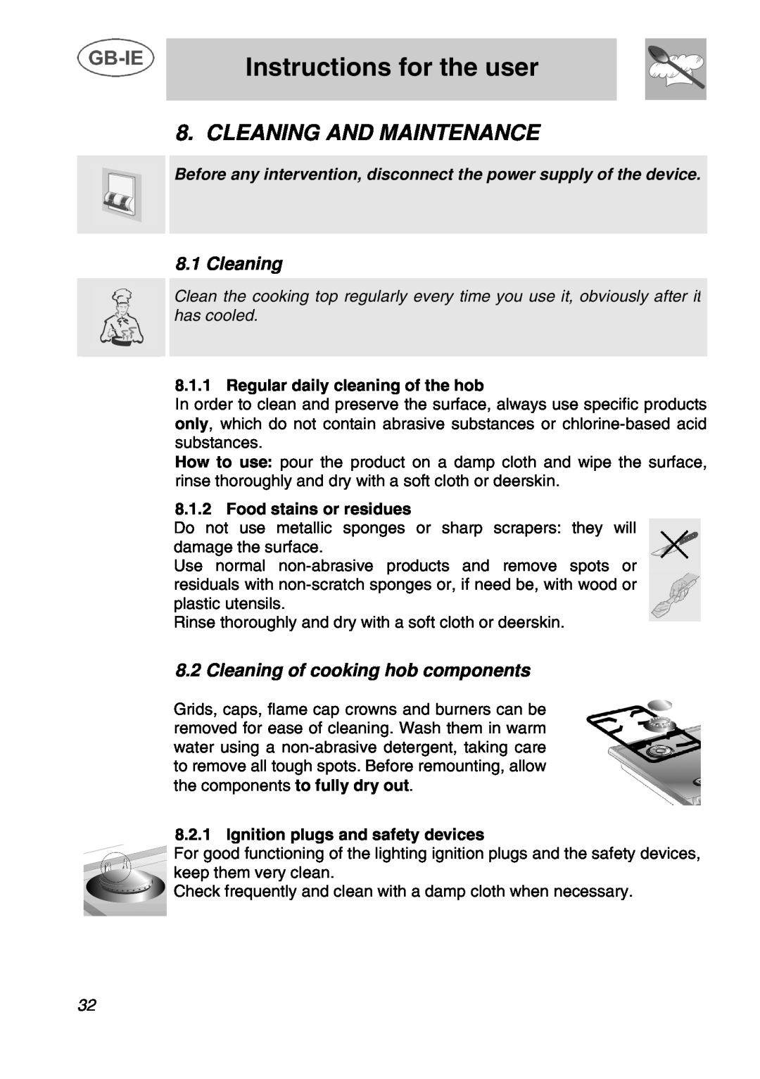 Bosch Appliances NCT 685 C manual Cleaning And Maintenance, Cleaning of cooking hob components, Instructions for the user 