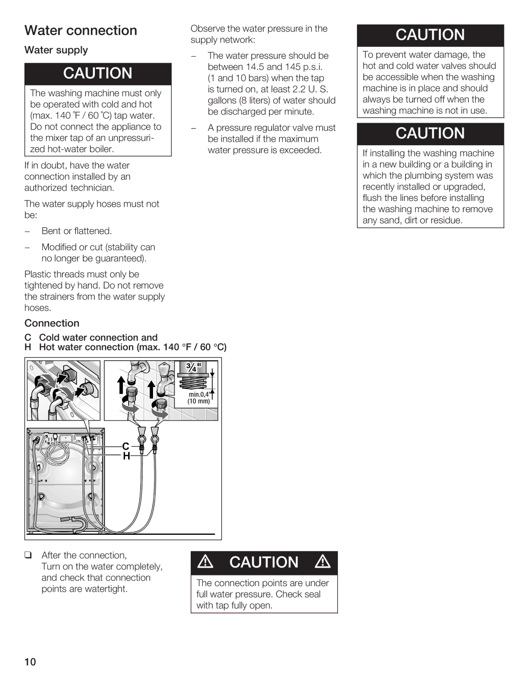 Bosch Appliances Nexxt DLX manual Water connection, Water supply, Connection, Observe the water pressure, Supply network 