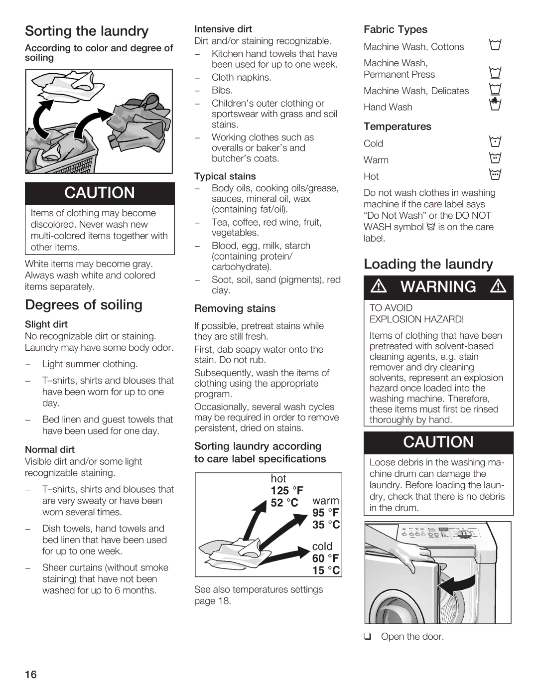 Bosch Appliances Nexxt DLX manual Sorting Laundry, Loading Laundry, Degrees Soiling 