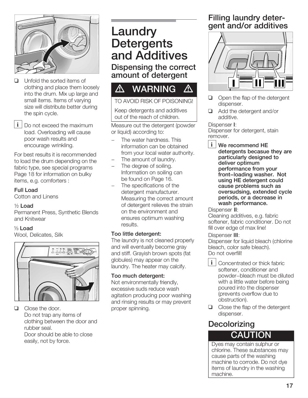 Bosch Appliances Nexxt DLX manual Laundry Detergents Additives, Amount Detergent, Decolorizing, To Avoid Risk Poisoning 