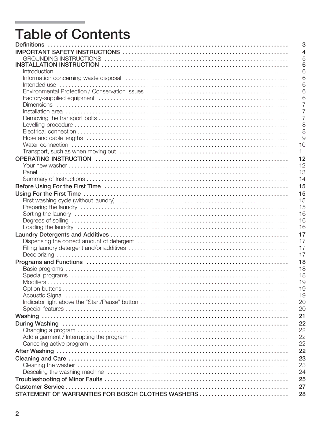 Bosch Appliances Nexxt DLX manual Table of Contents 