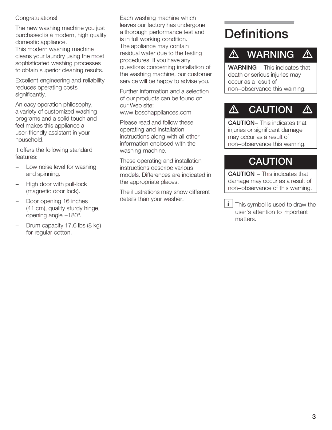 Bosch Appliances Nexxt DLX manual Definitions 