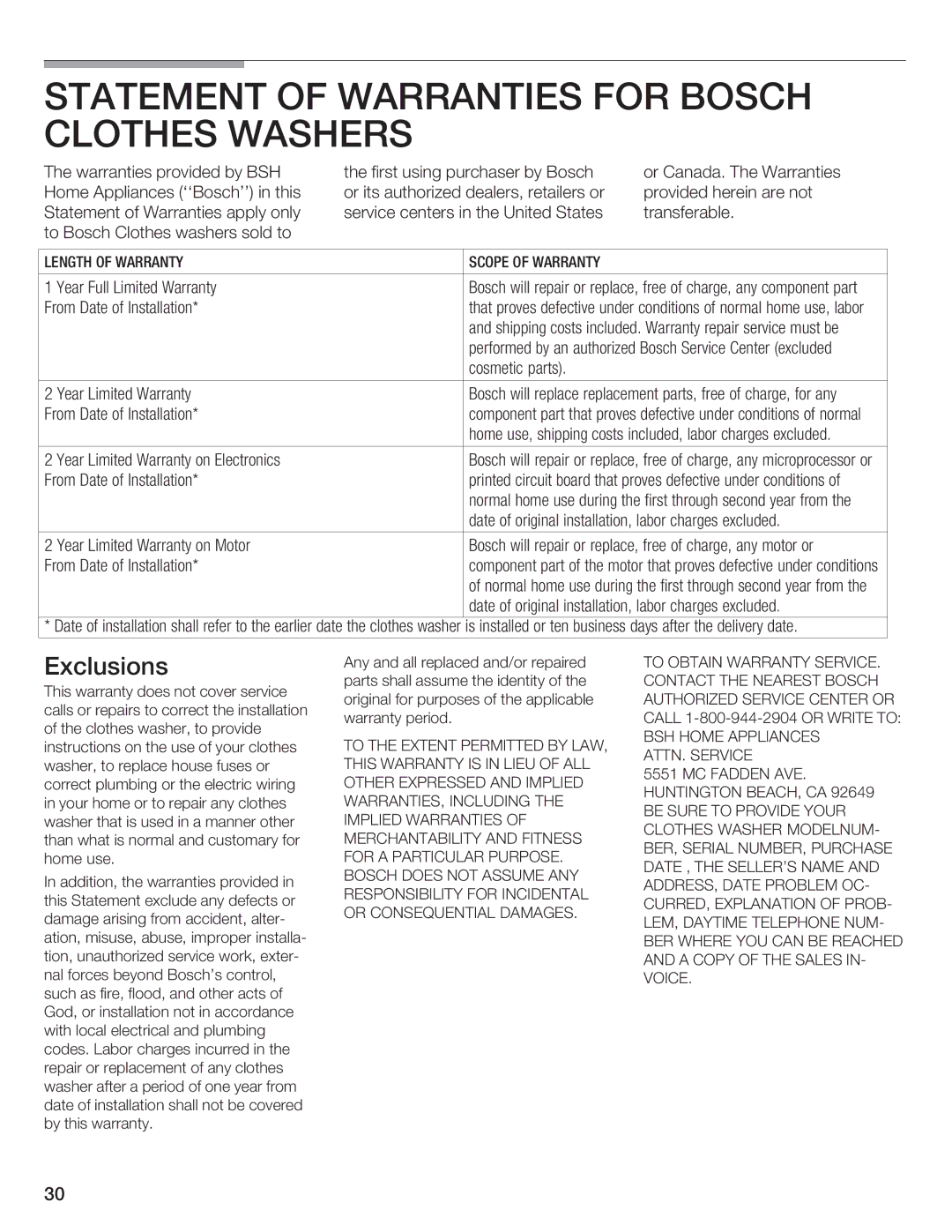 Bosch Appliances Nexxt DLX manual Statement of Warranties for Bosch Clothes Washers, Exclusions 