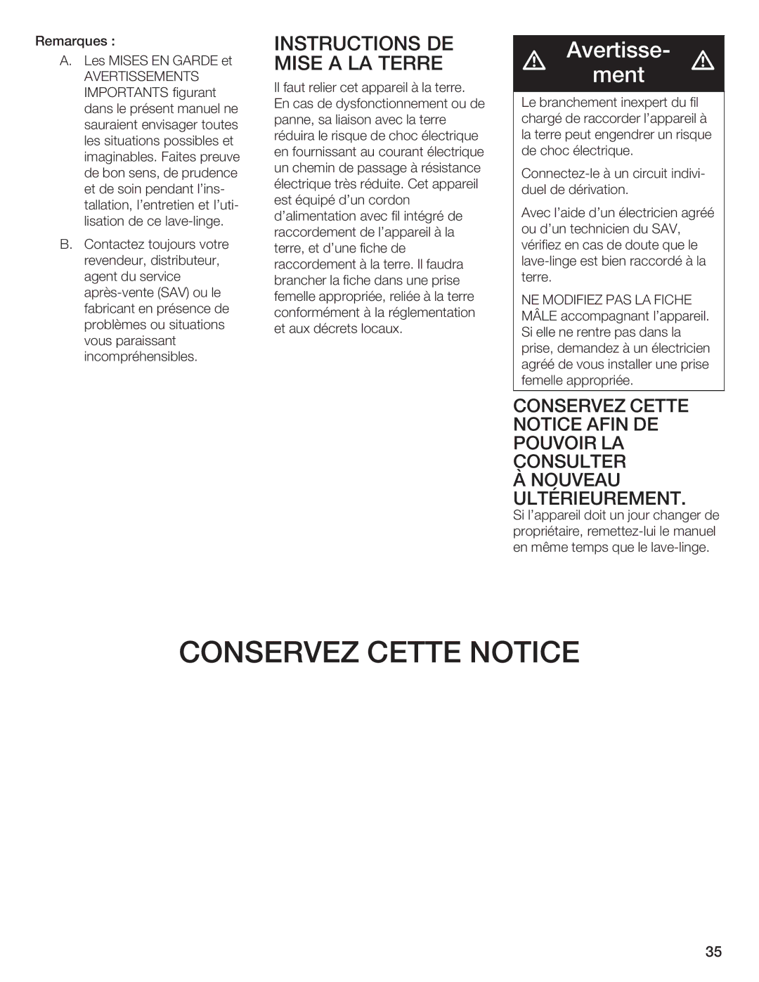 Bosch Appliances Nexxt DLX manual Conservez Cette, EN Garde, Avertissements, Modifiez PAS LA Fiche, Mâle 