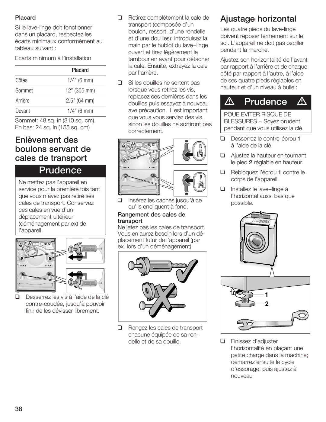 Bosch Appliances Nexxt DLX manual Enlèvement des boulons servant de cales de transport, Poue Eviter, Blessures 