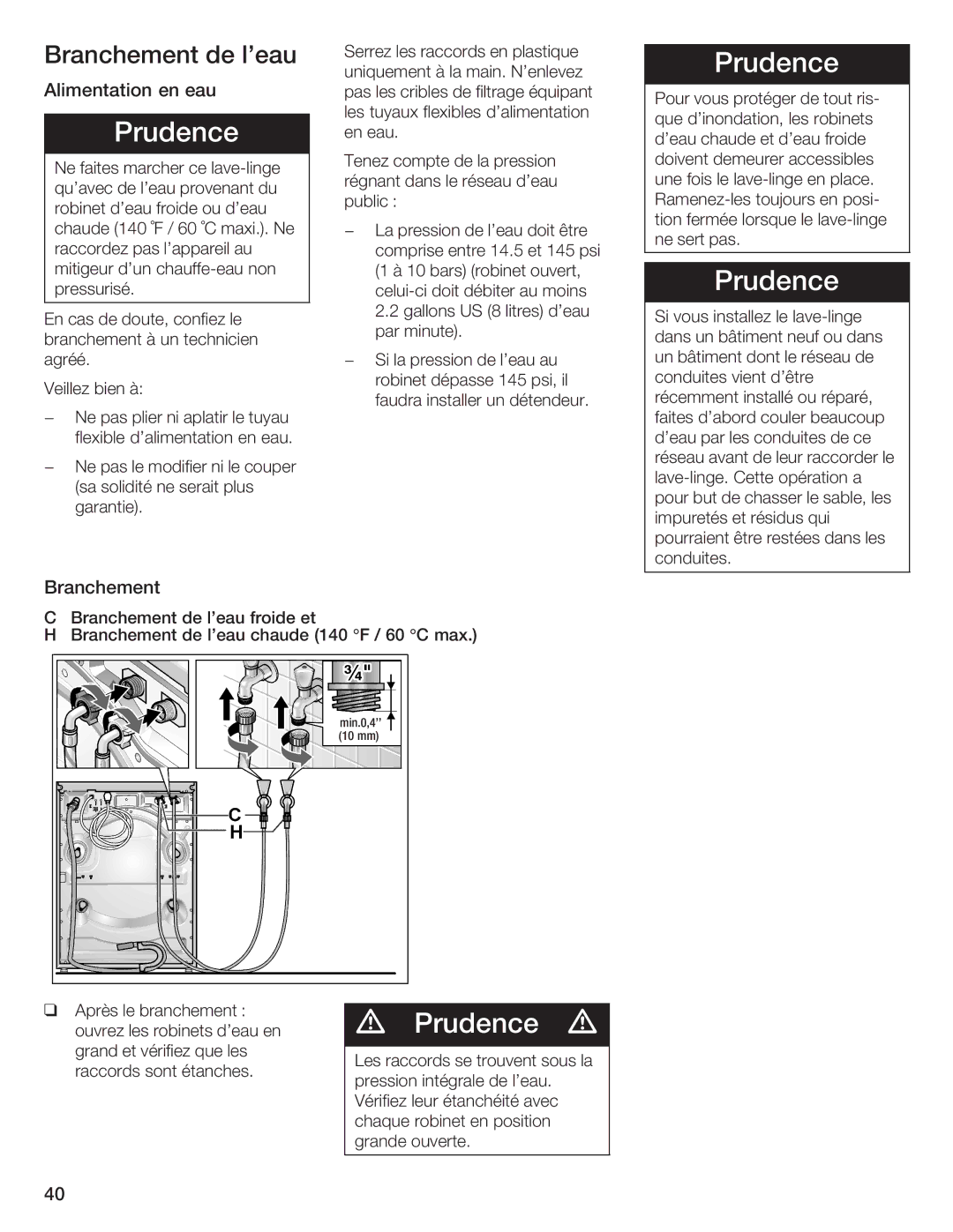 Bosch Appliances Nexxt DLX manual Branchement Leau, Alimentation Eau 