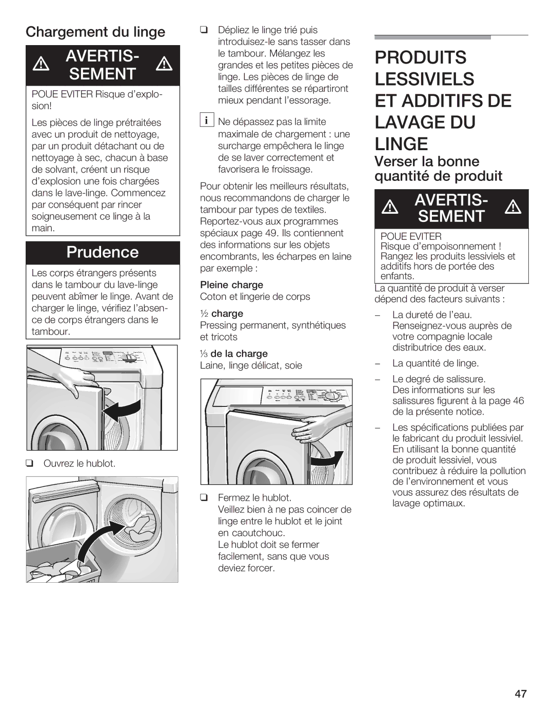 Bosch Appliances Nexxt DLX manual Chargement Linge, Verser Bonne, Quantité Produit 