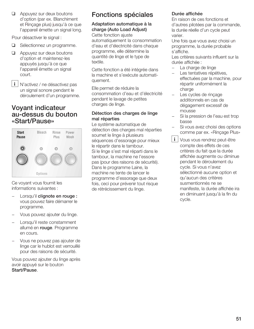 Bosch Appliances Nexxt DLX manual Fonctions Spéciales, Voyant Indicateur, Audessus Bouton, «Start/Pause» 