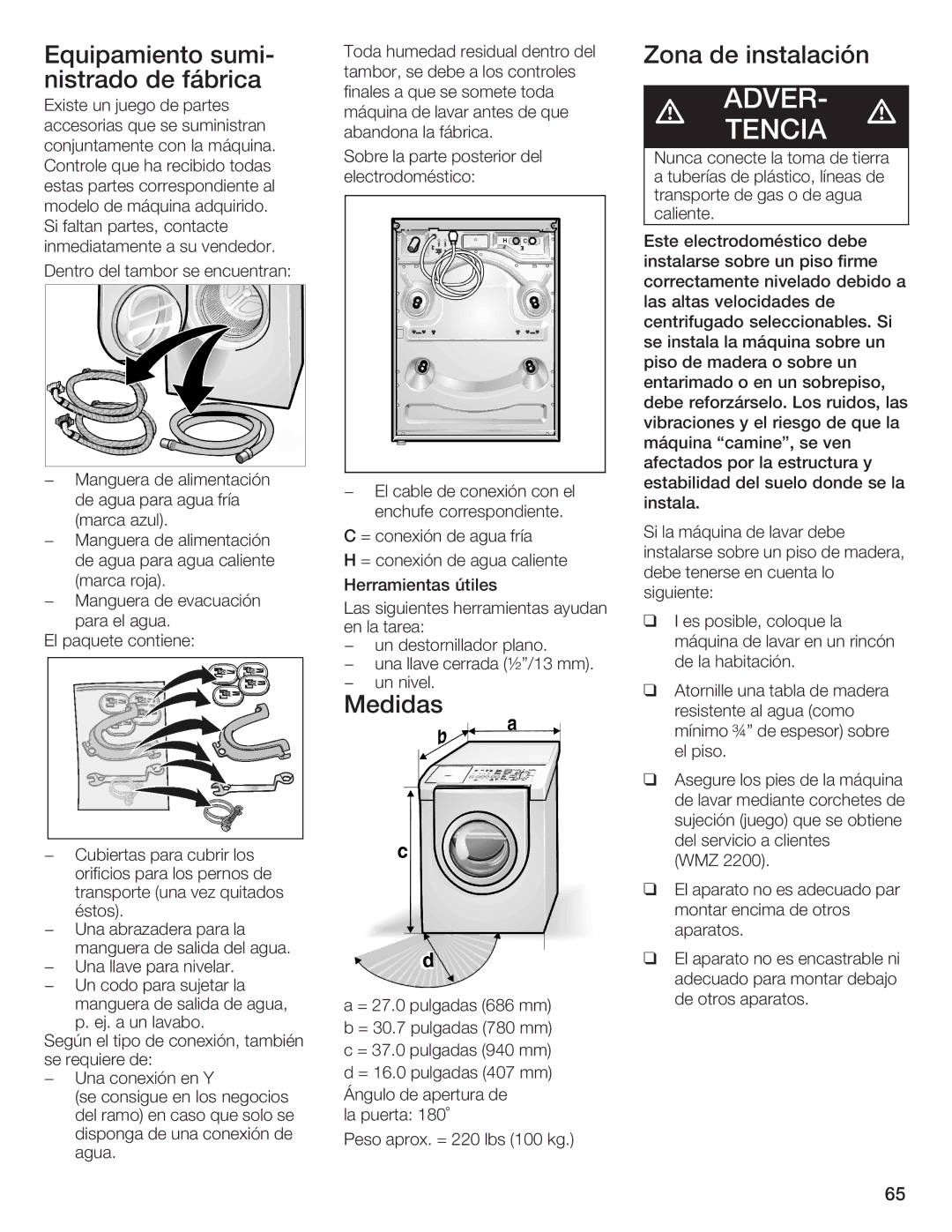 Bosch Appliances Nexxt DLX manual Equipamiento Sumi, Zona Instalación Nistrado Fábrica, Medidas 