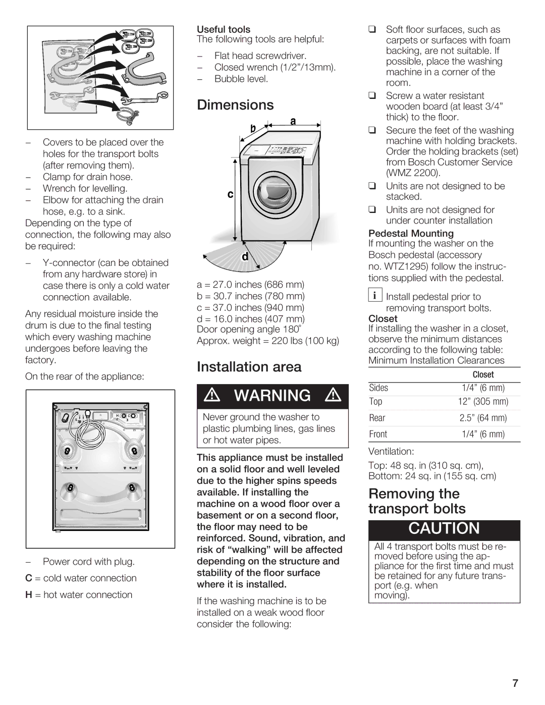 Bosch Appliances Nexxt DLX manual Dimensions, Installation Area, Removing, Floor, transport Bolts, Wmz 