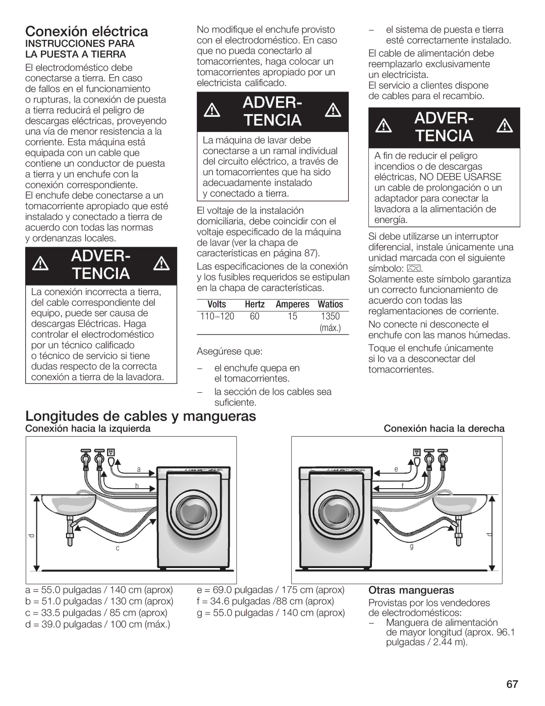 Bosch Appliances Nexxt DLX Conexión eléctrica, Longitudes de cables y mangueras, Instrucciones Para Lapuesta a Tierra 