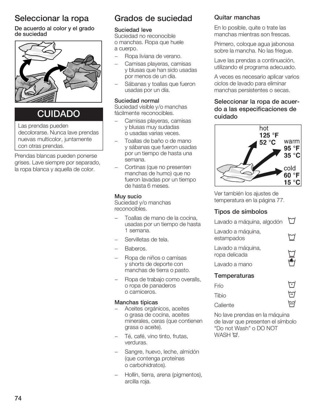 Bosch Appliances Nexxt DLX Seleccionar la ropa, Quitar manchas, Tipos de símbolos, De acuerdo al color y el de$suciedad 