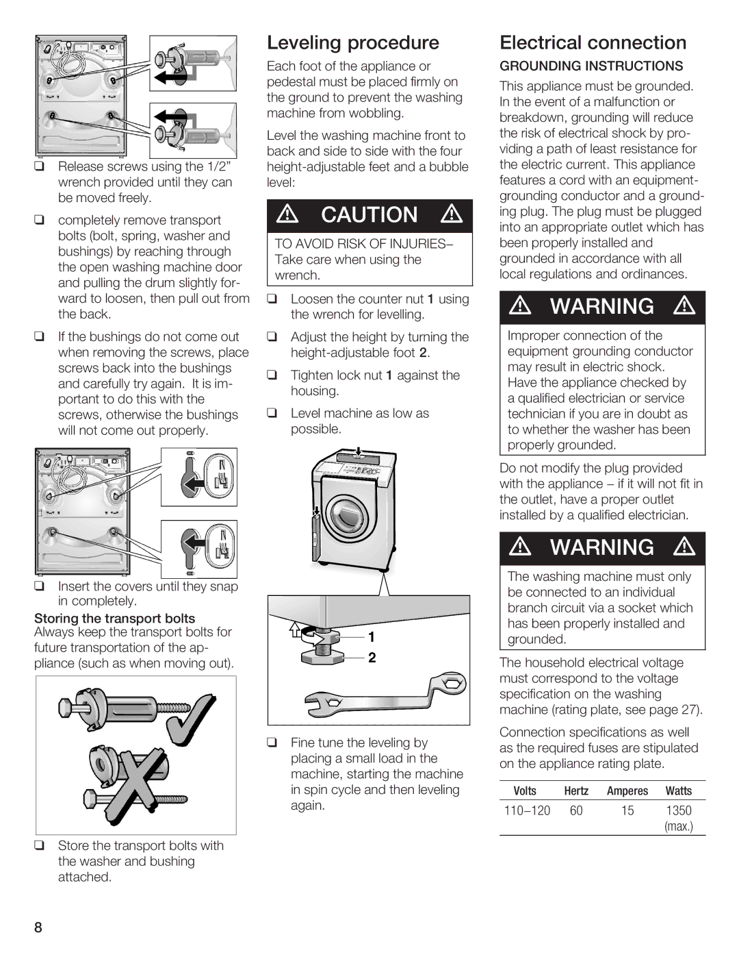 Bosch Appliances Nexxt DLX Leveling Procedure Electrical Connection, Each foot of the appliance, Grounding Instructions 