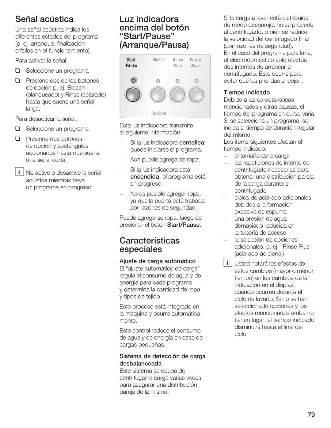 Bosch Appliances Nexxt DLX manual Señal acústica, Luz indicadora encimadel botón Start/Pause Arranque/Pausa 