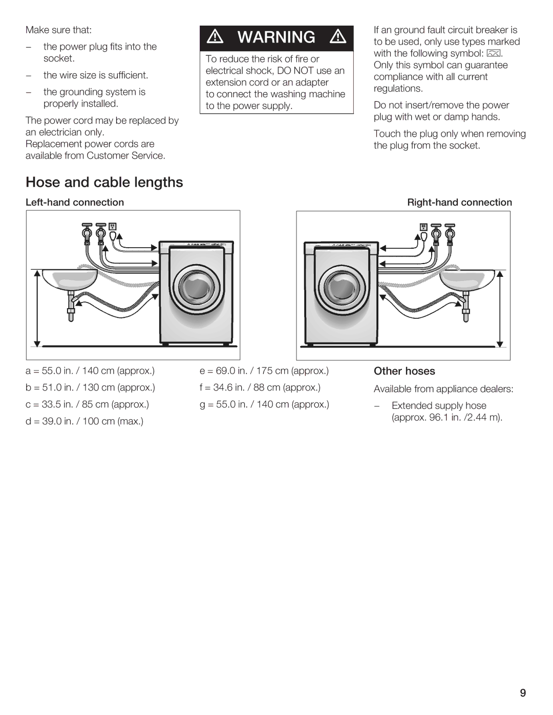 Bosch Appliances Nexxt DLX manual Hose Cable Lengths, Other hoses 