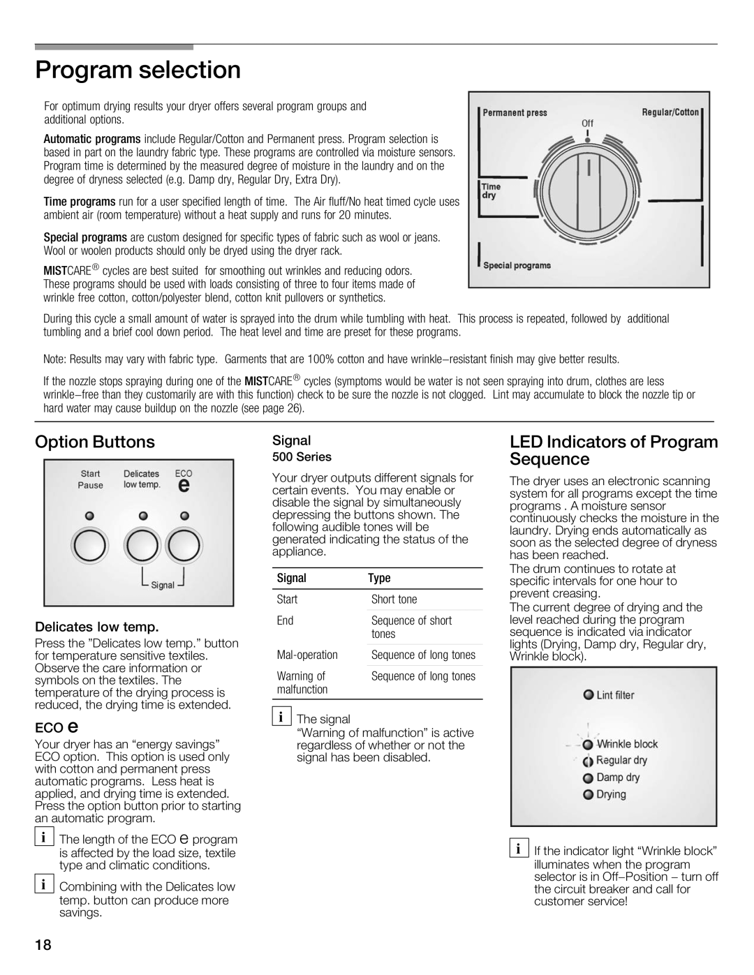 Bosch Appliances Nexxt Series manual Program selection, Option Buttons, LED Indicators of Program Sequence 