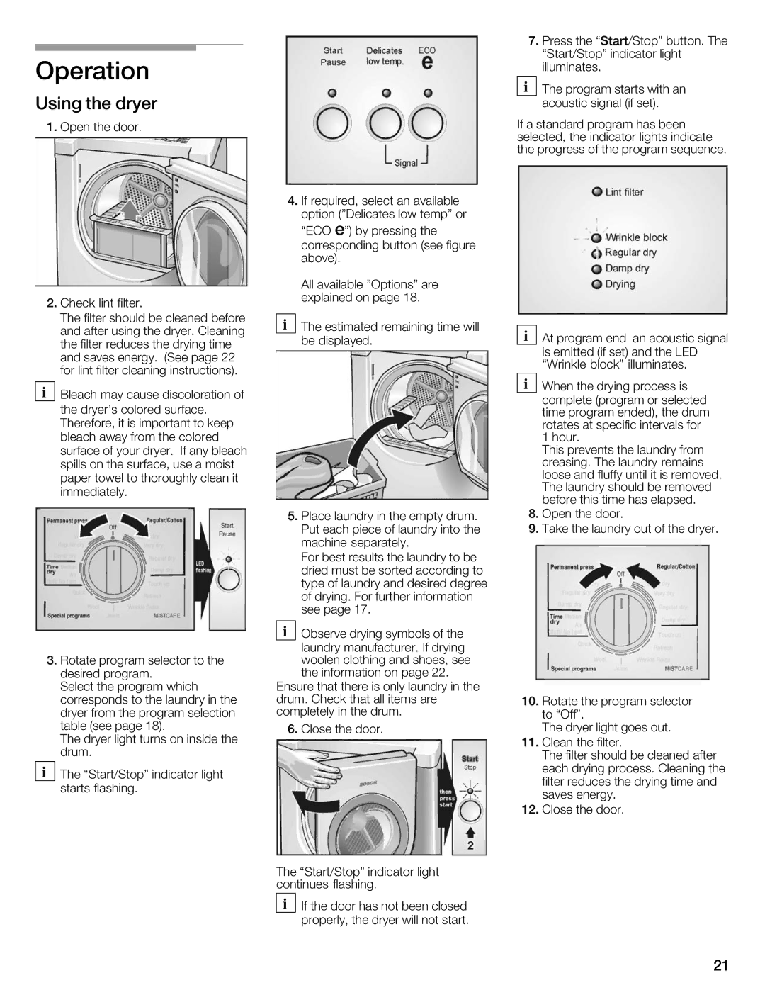 Bosch Appliances Nexxt Series manual Operation, Using the dryer 