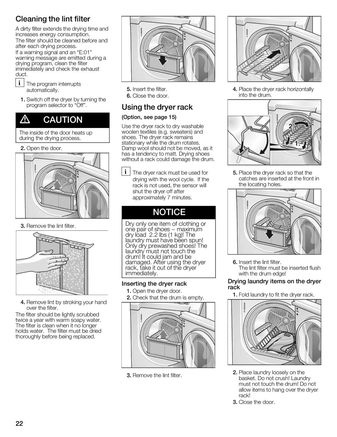 Bosch Appliances Nexxt Series manual Cleaning the lint filter, Using Dryer Rack, Drying laundry items on the dryer rack 