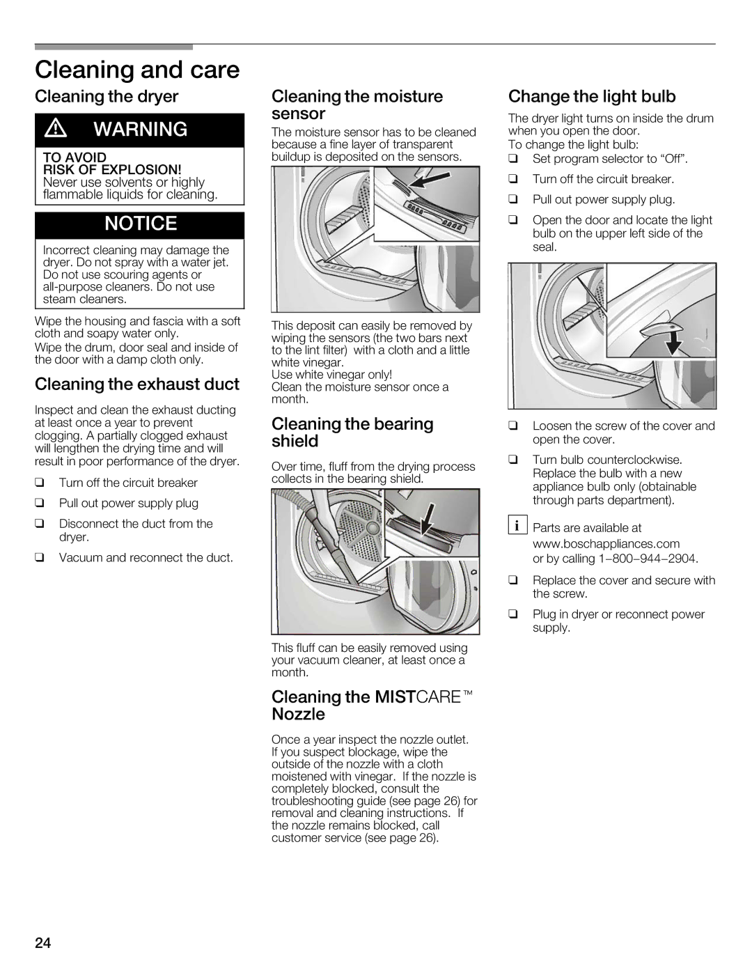 Bosch Appliances Nexxt Series manual Cleaning and care 