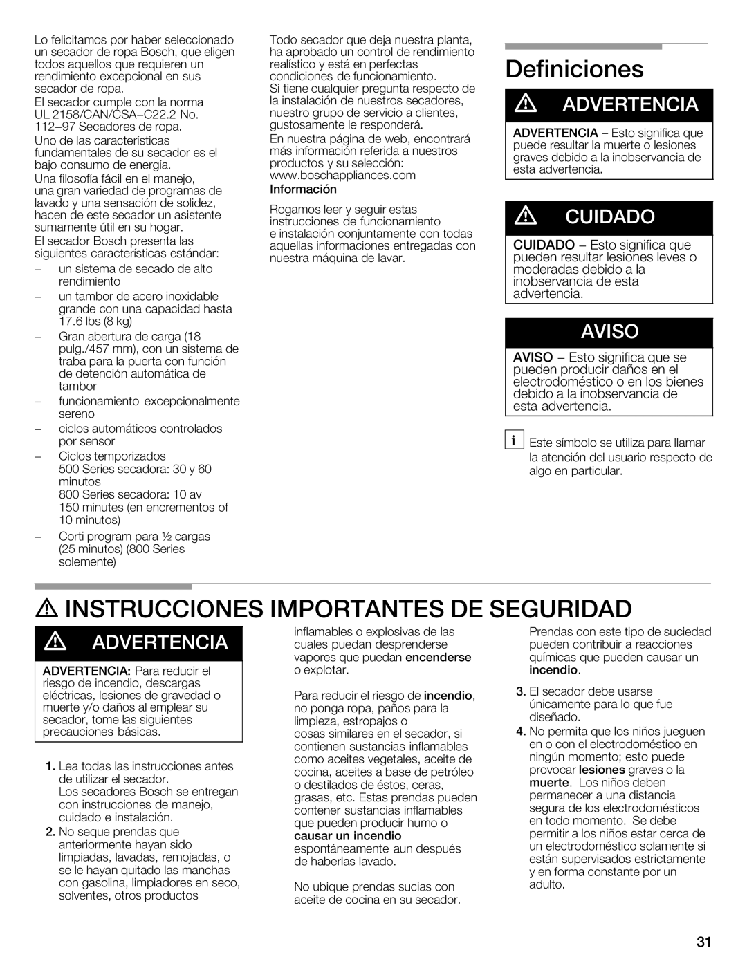 Bosch Appliances Nexxt Series manual Definiciones, Instrucciones, Importantes DE Seguridad 