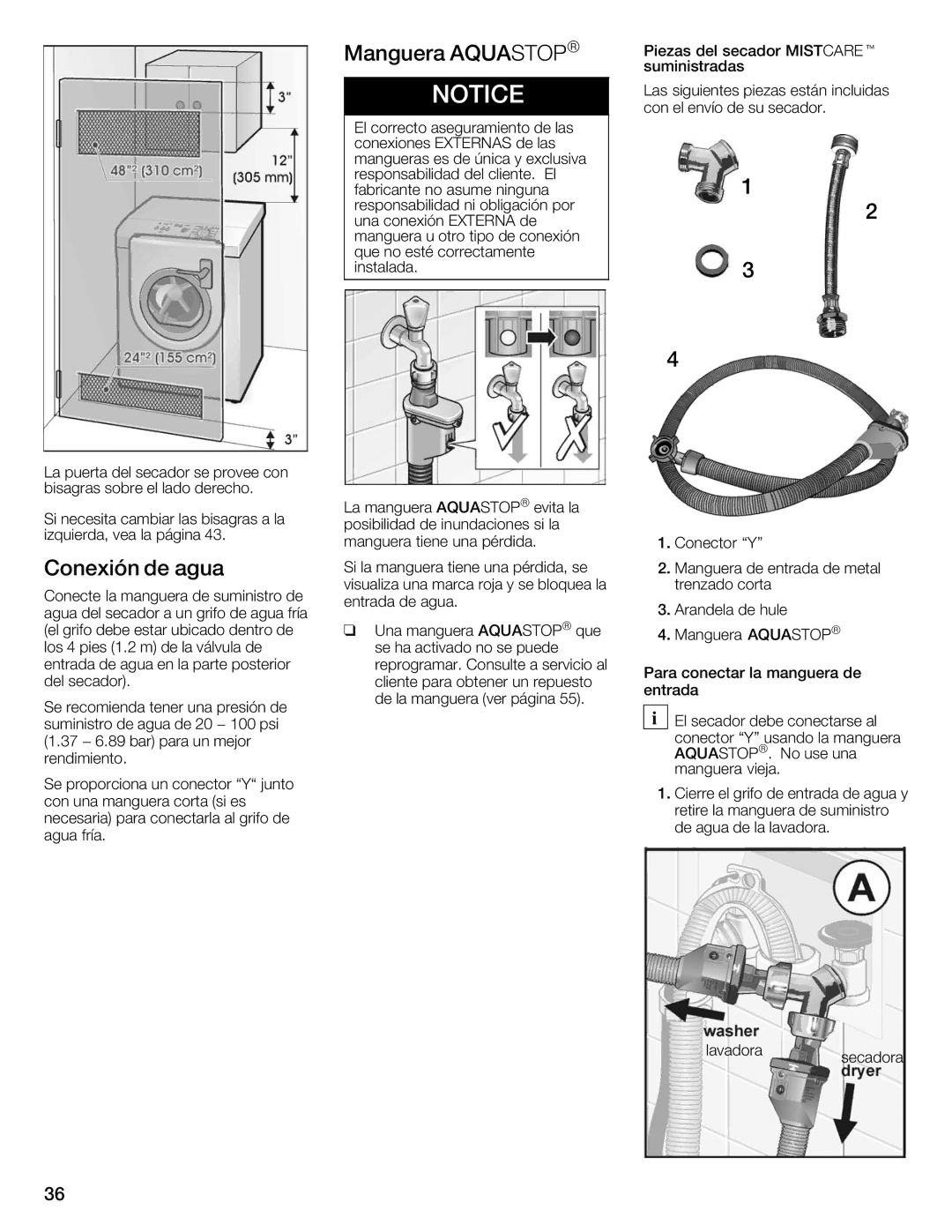 Bosch Appliances Nexxt Series manual Manguera Aqua , Conexión Agua, Aquastop 