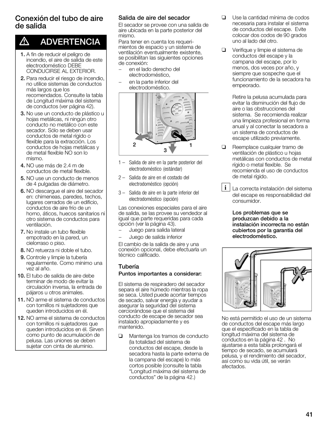 Bosch Appliances Nexxt Series manual Conexión Del Tubo, AireSalida Del Secador, Tubería, Conducirse AL Exterior 