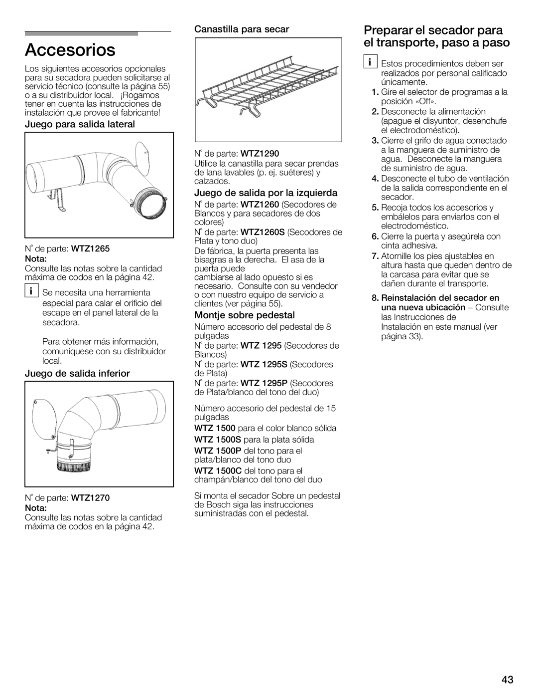 Bosch Appliances Nexxt Series manual Accesorios, Preparar el secador Para El transporte, paso Paso 