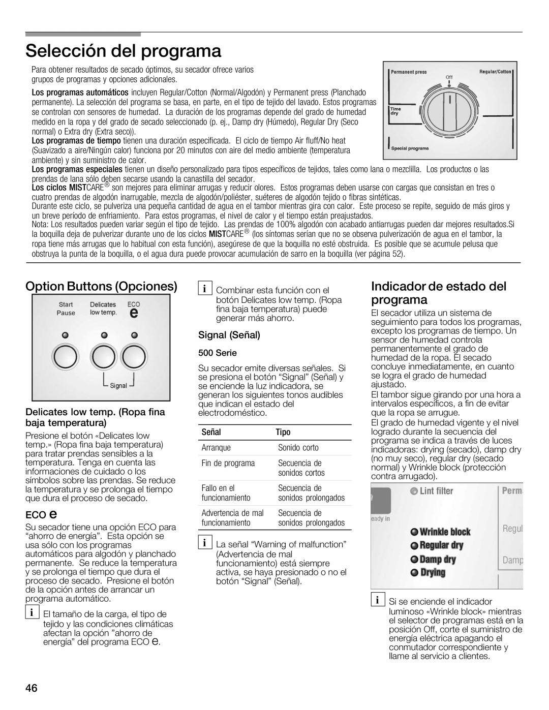 Bosch Appliances Nexxt Series manual Selección del programa, Indicador de estado del programa, Signal Señal 