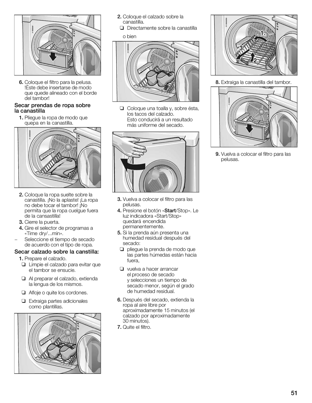 Bosch Appliances Nexxt Series manual Secar prendas de ropa sobre la canastilla, Secar calzado sobre la canstilla 