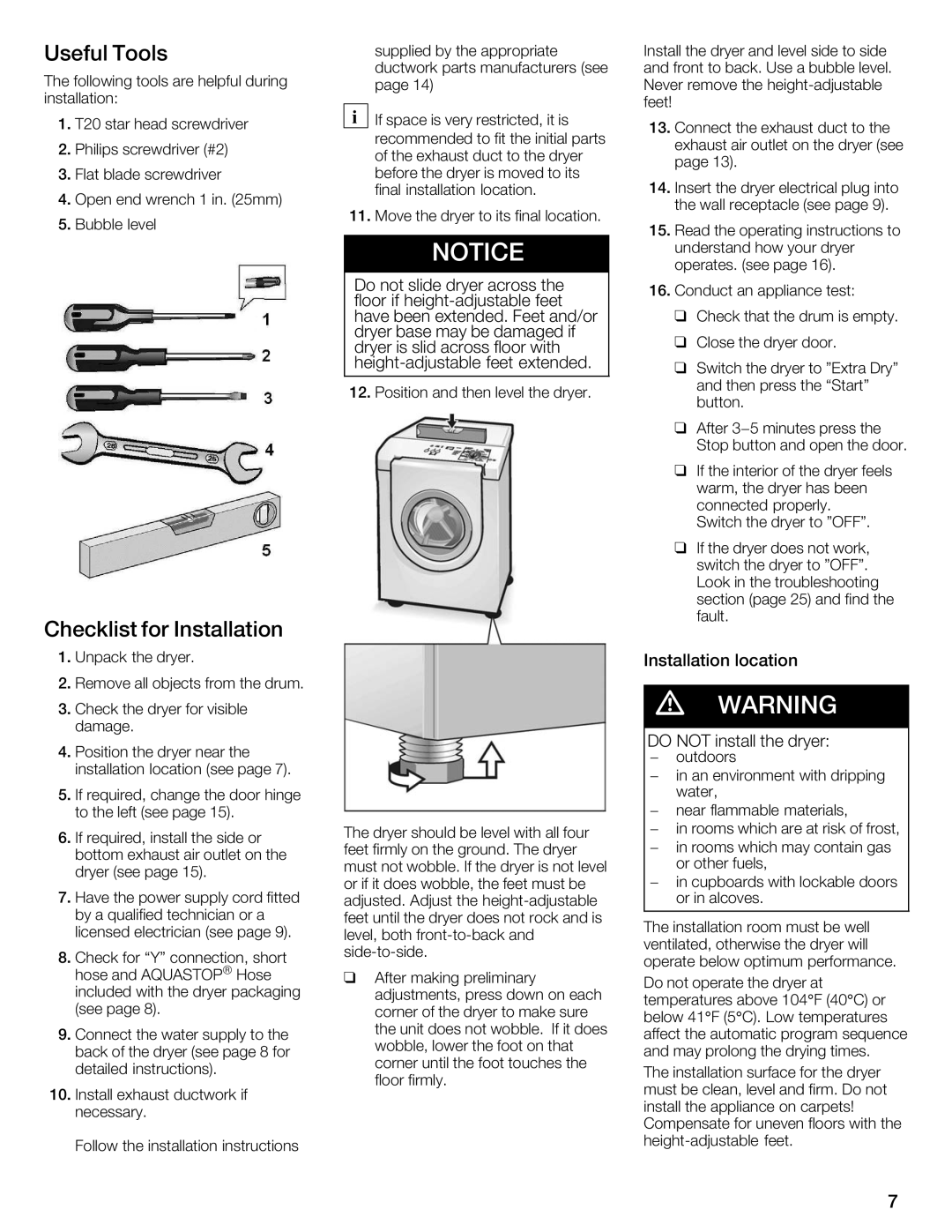 Bosch Appliances Nexxt Series manual Useful Tools, Installation location, Install Dryer 