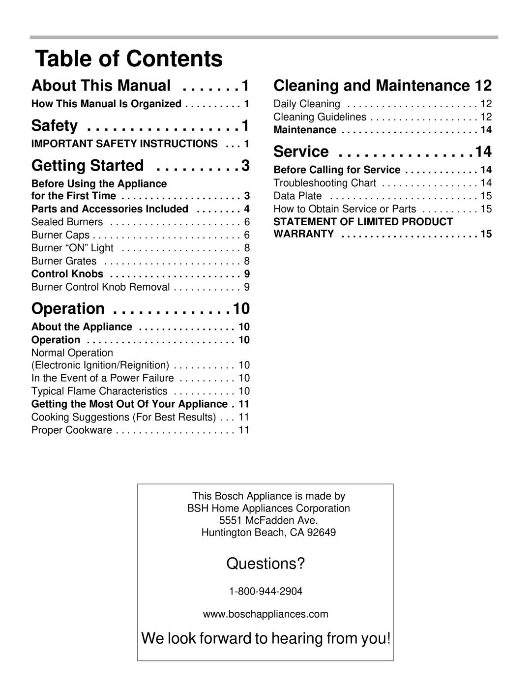 Bosch Appliances NGM manual Table of Contents 