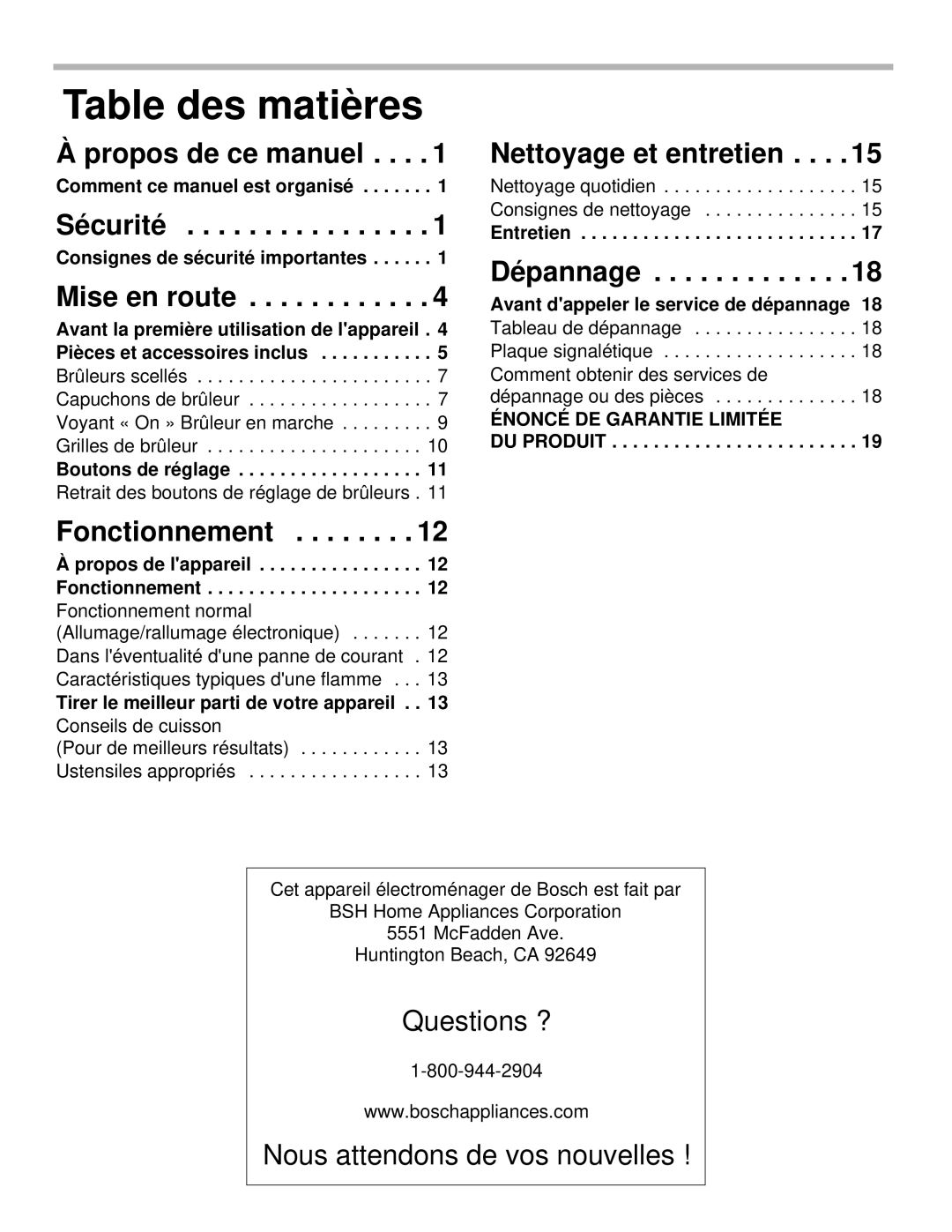 Bosch Appliances NGM manual Propos de ce manuel, Sécurité, Mise en route, Fonctionnement, Nettoyage et entretien, Dépannage 