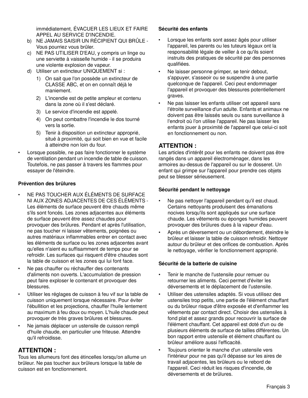 Bosch Appliances NGM manual Prévention des brûlures, Sécurité des enfants, Sécurité pendant le nettoyage 