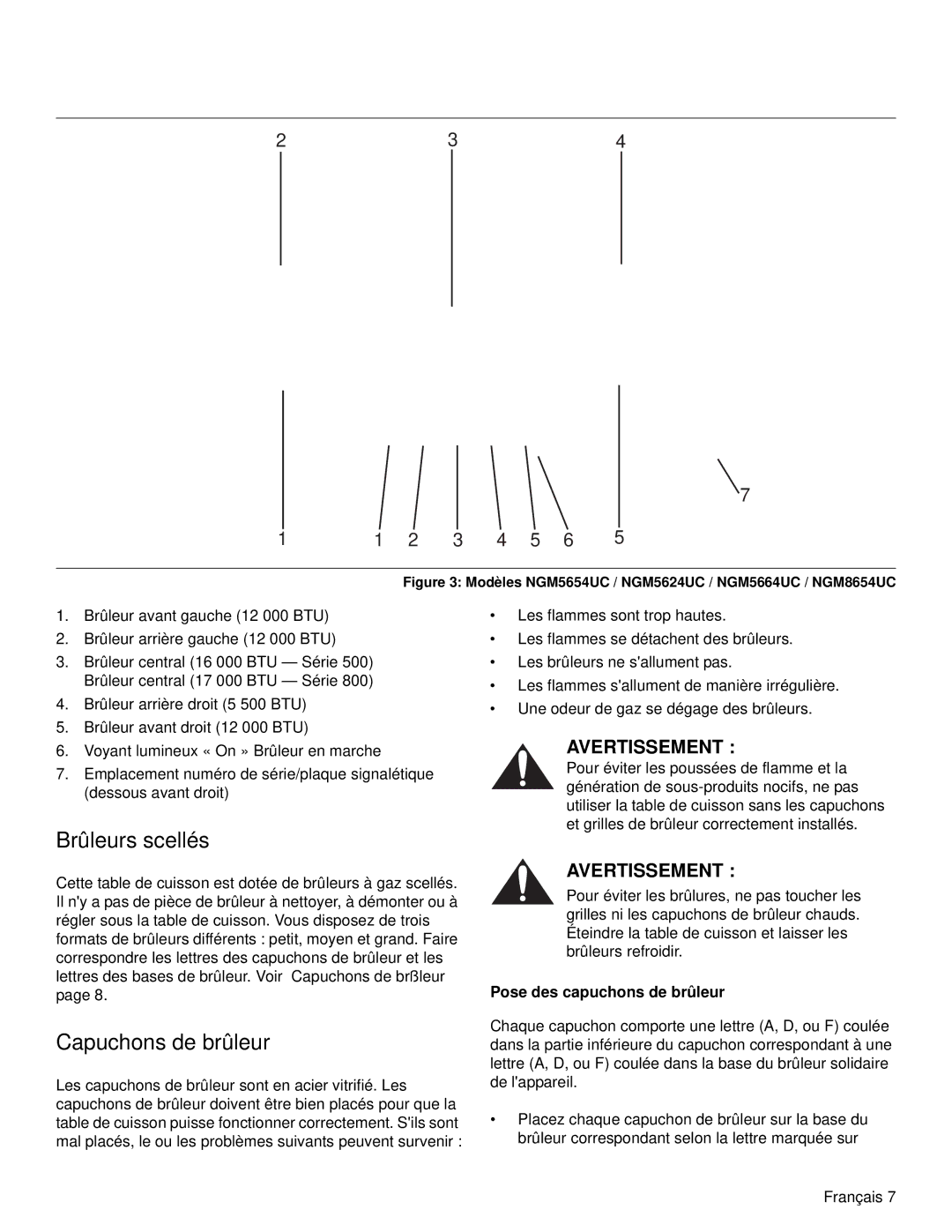 Bosch Appliances NGM manual Brûleurs scellés, Capuchons de brûleur, Pose des capuchons de brûleur 