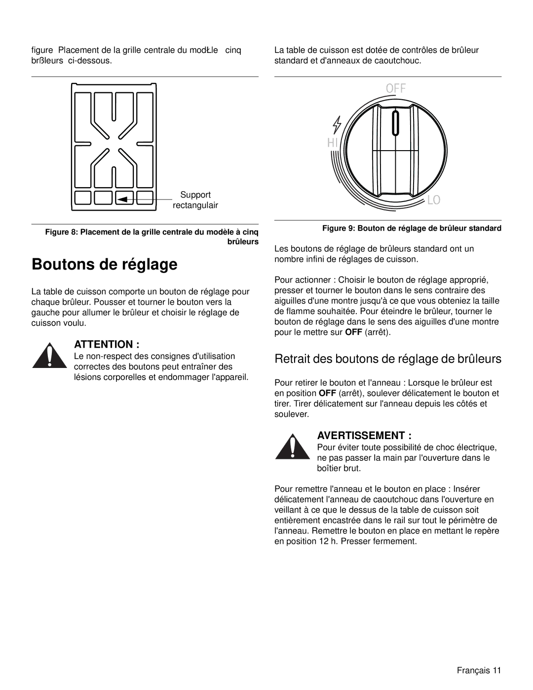 Bosch Appliances NGM manual Boutons de réglage, Retrait des boutons de réglage de brûleurs 