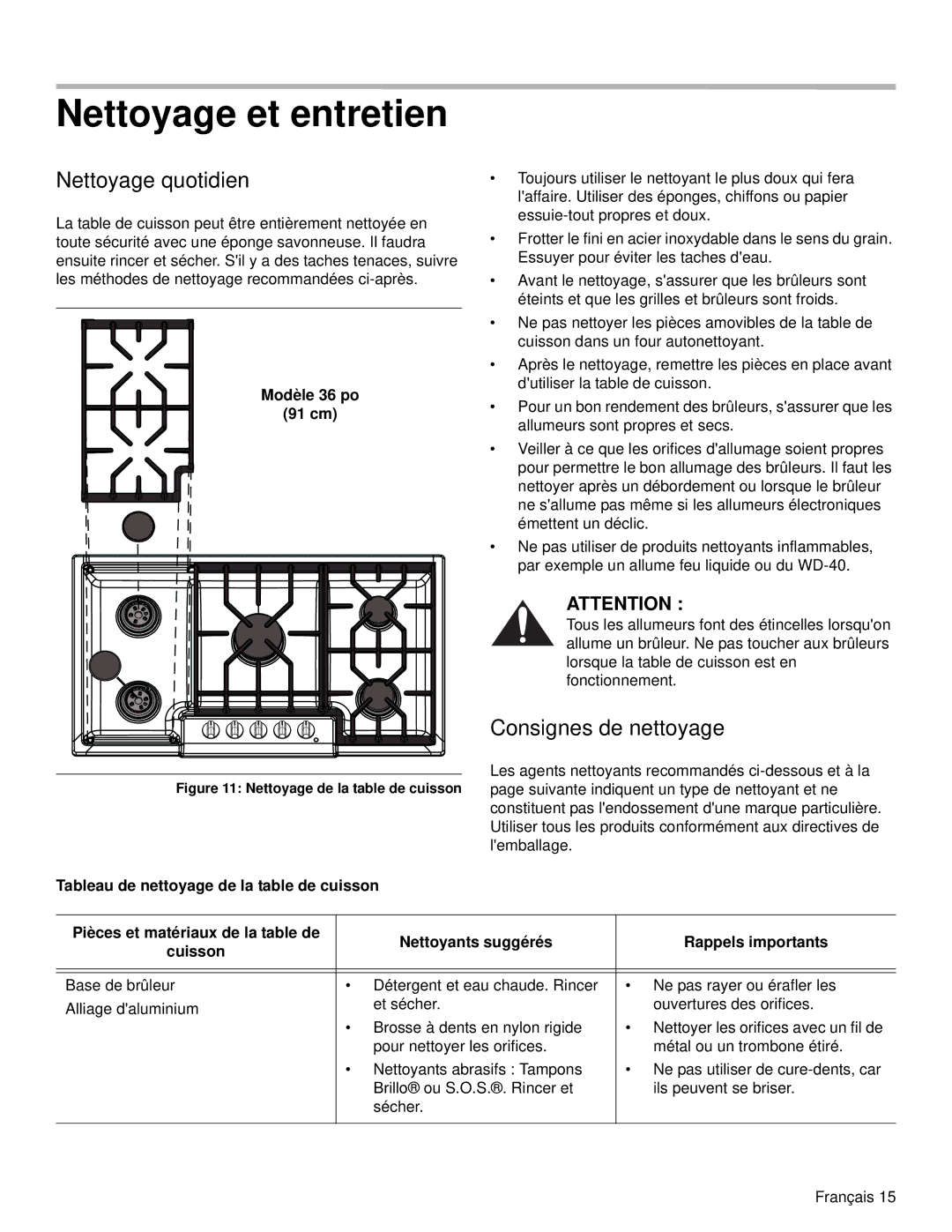 Bosch Appliances NGM manual Nettoyage et entretien, Nettoyage quotidien, Consignes de nettoyage, Modèle 36 po 91 cm 