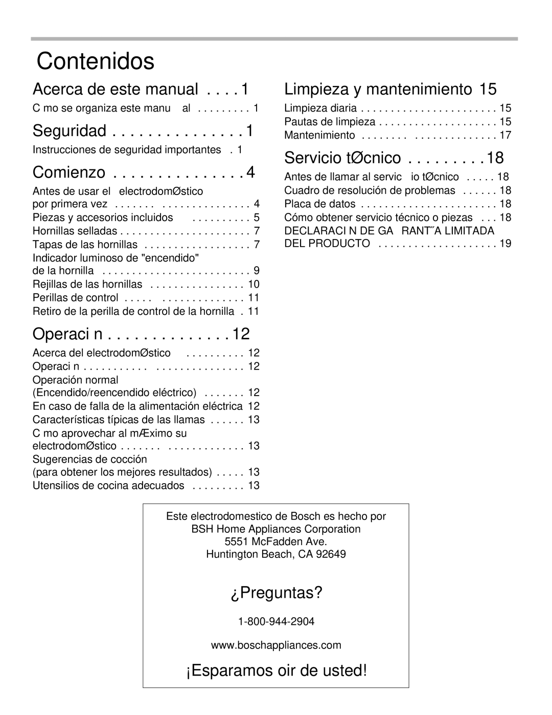 Bosch Appliances NGM Acerca de este manual, Seguridad, Comienzo, Operación, Limpieza y mantenimiento, Servicio técnico 