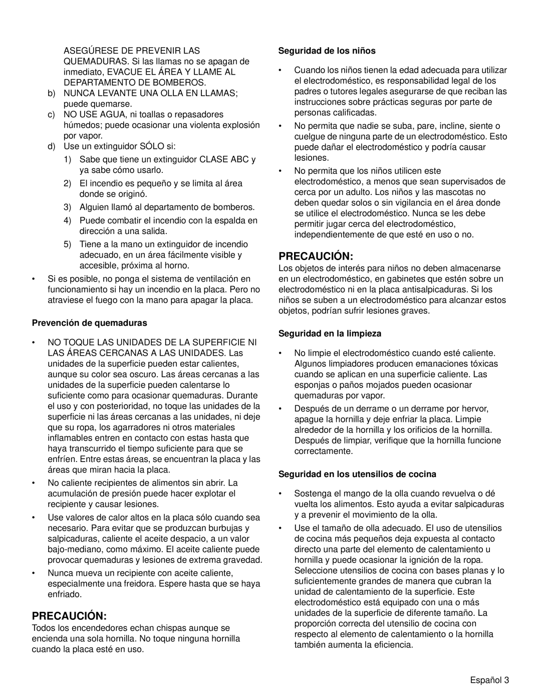 Bosch Appliances NGM manual Prevención de quemaduras, Seguridad de los niños, Seguridad en la limpieza 