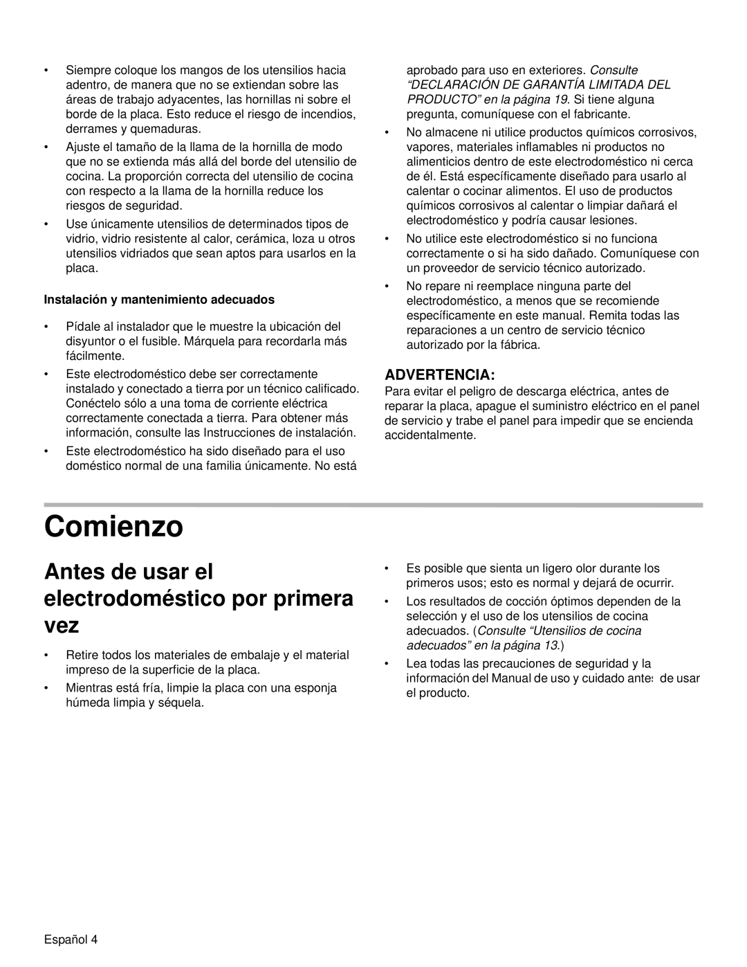 Bosch Appliances NGM Comienzo, Antes de usar el electrodoméstico por primera vez, Instalación y mantenimiento adecuados 