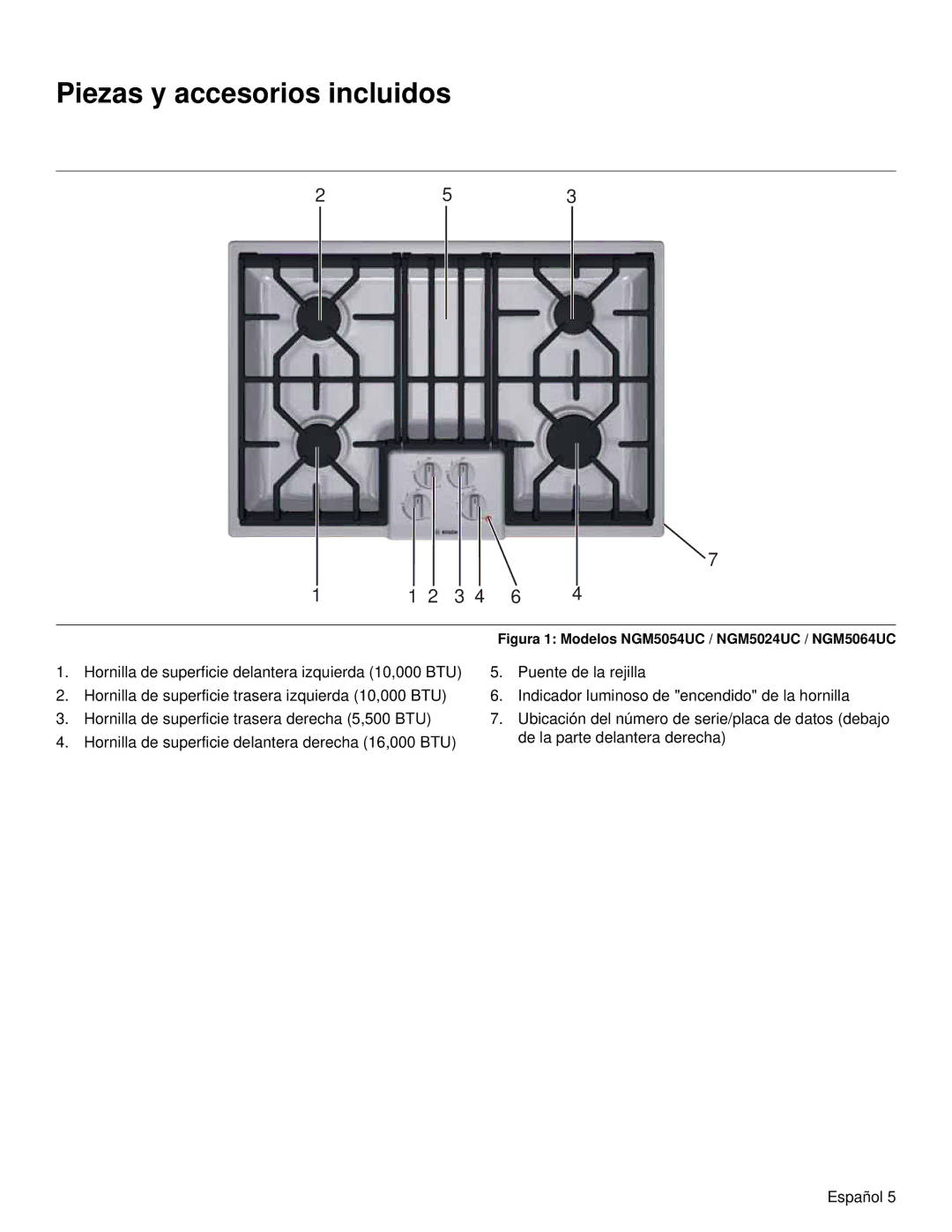 Bosch Appliances manual Piezas y accesorios incluidos, Figura 1 Modelos NGM5054UC / NGM5024UC / NGM5064UC 