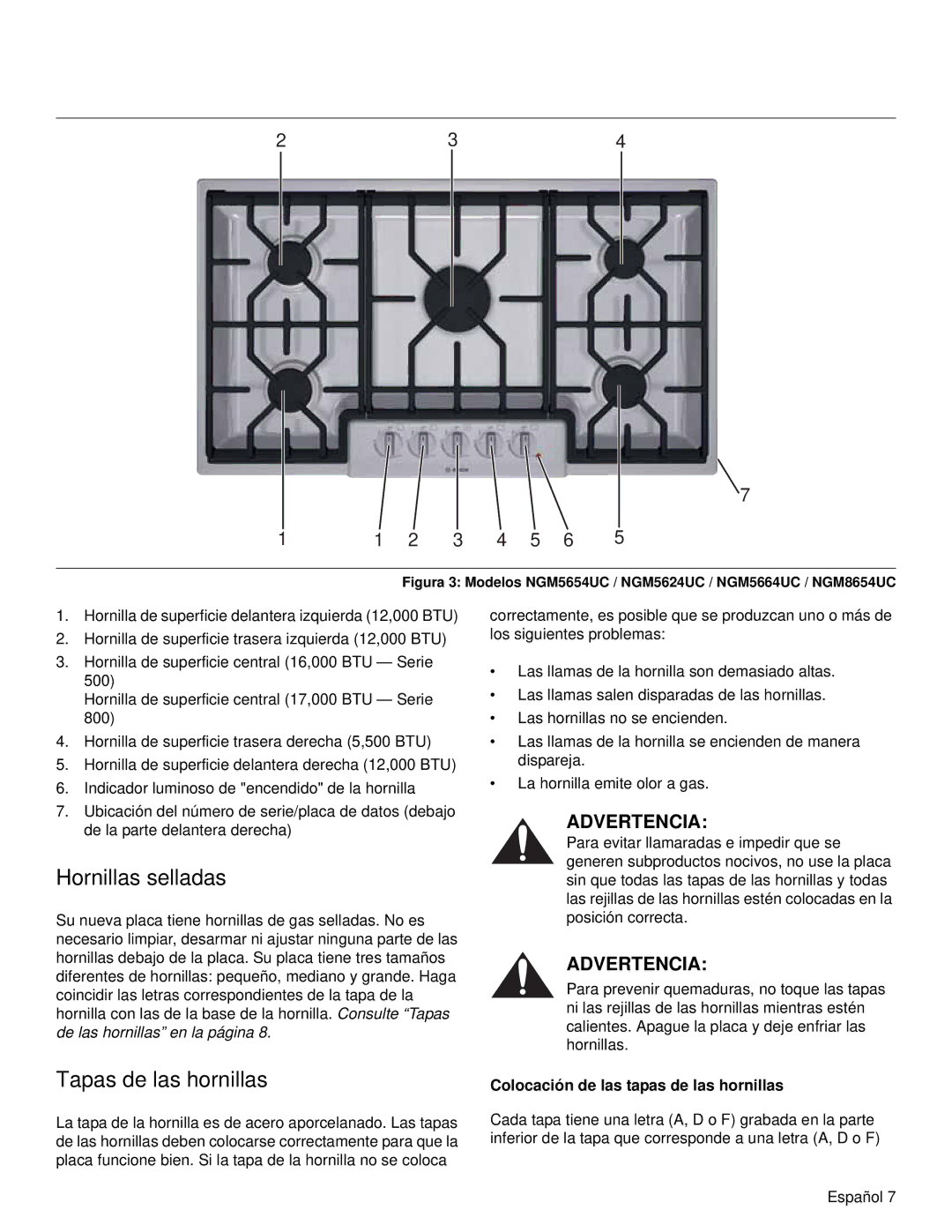 Bosch Appliances NGM manual Hornillas selladas, Tapas de las hornillas, Colocación de las tapas de las hornillas 