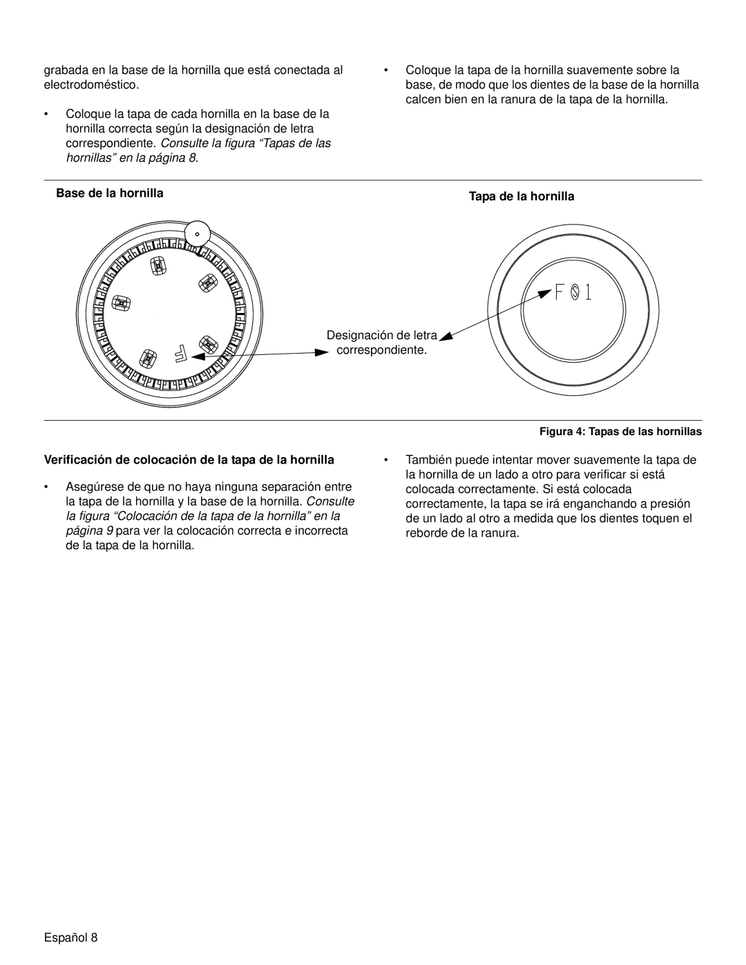 Bosch Appliances NGM manual Base de la hornilla Tapa de la hornilla, Verificación de colocación de la tapa de la hornilla 