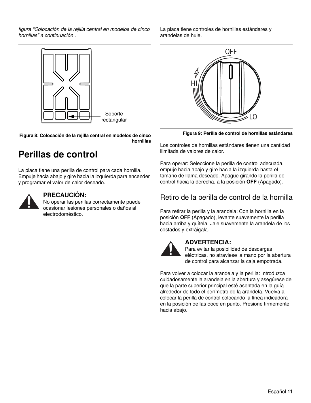 Bosch Appliances NGM manual Perillas de control, Retiro de la perilla de control de la hornilla 