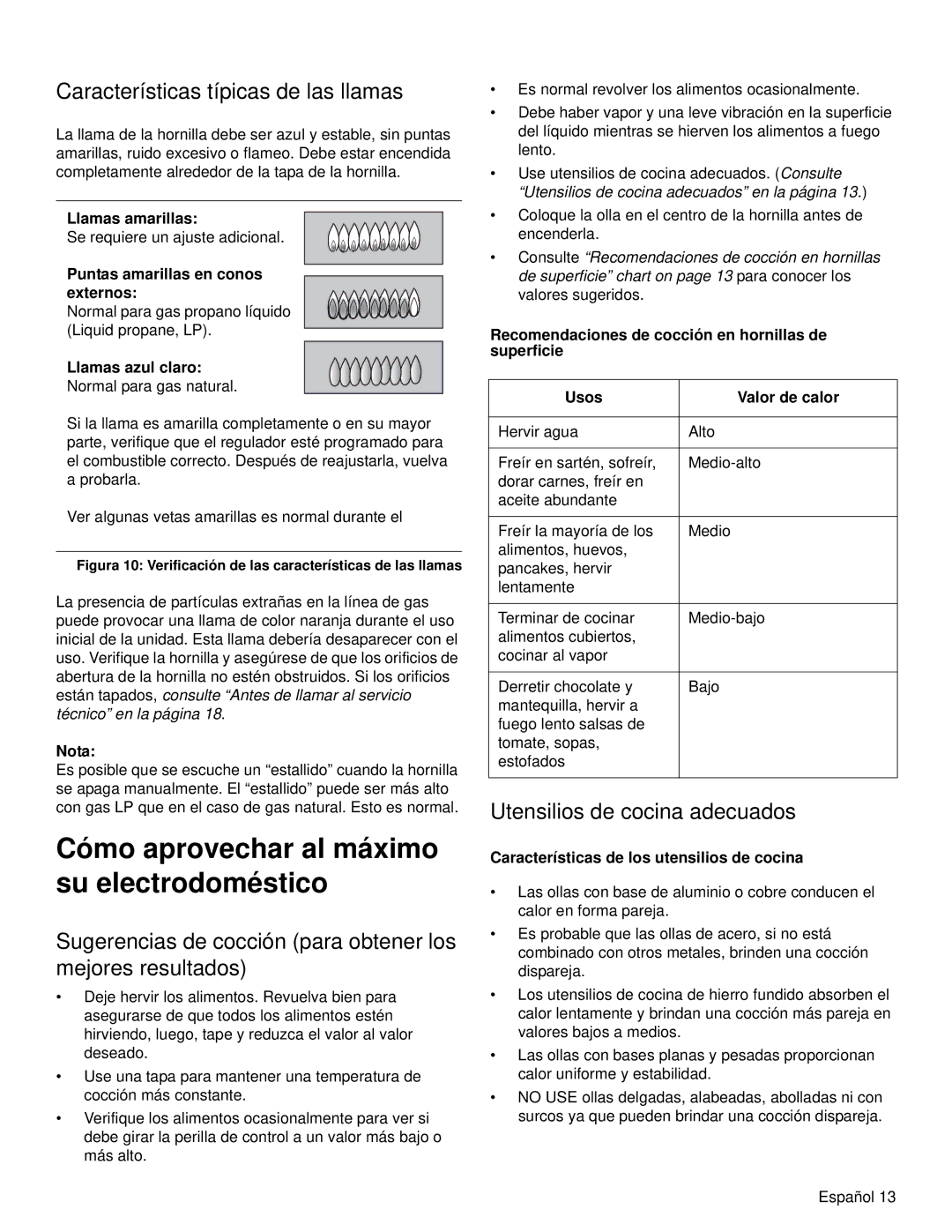 Bosch Appliances NGM manual Cómo aprovechar al máximo su electrodoméstico, Características típicas de las llamas 