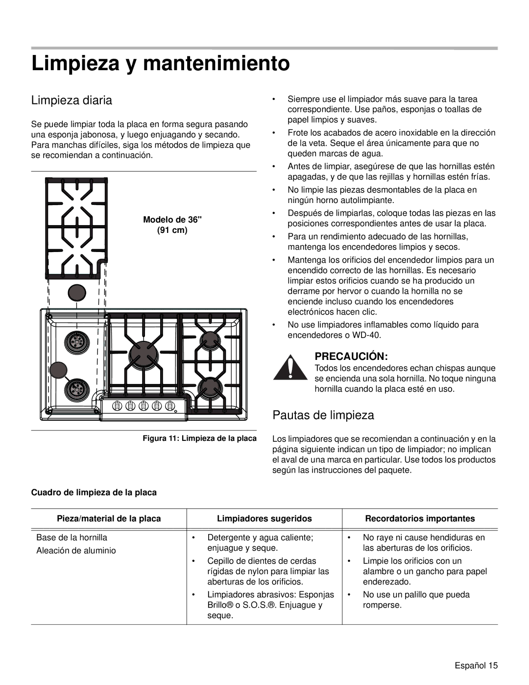 Bosch Appliances NGM manual Limpieza y mantenimiento, Limpieza diaria, Pautas de limpieza, Modelo de 91 cm 