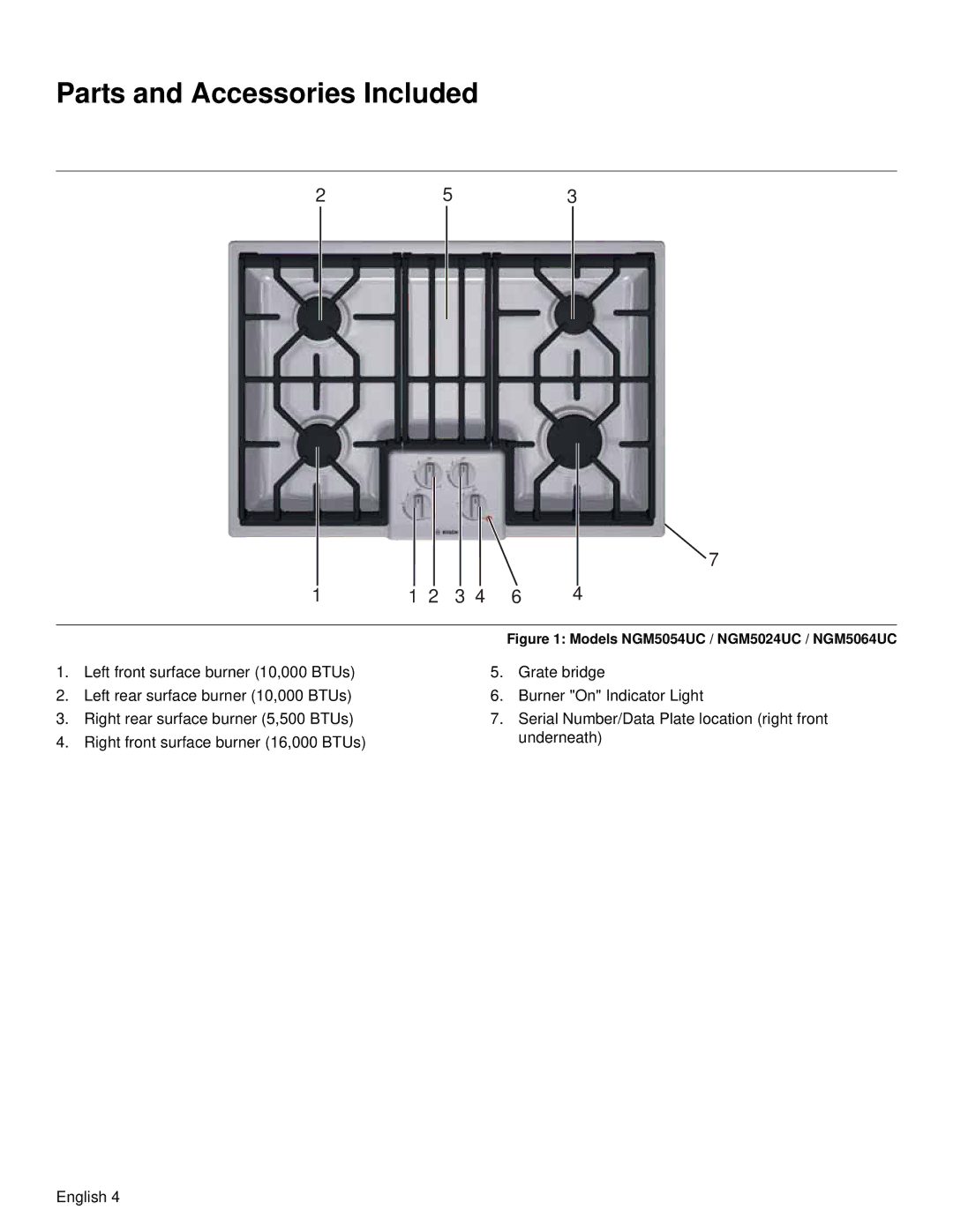 Bosch Appliances manual Parts and Accessories Included, Models NGM5054UC / NGM5024UC / NGM5064UC 