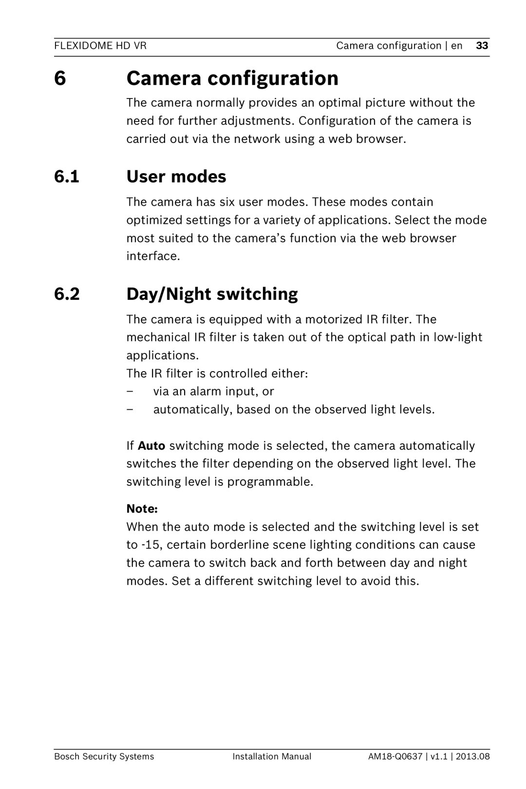 Bosch Appliances NIN-832, NIN-733, NIN-932 installation manual Camera configuration, User modes, Day/Night switching 