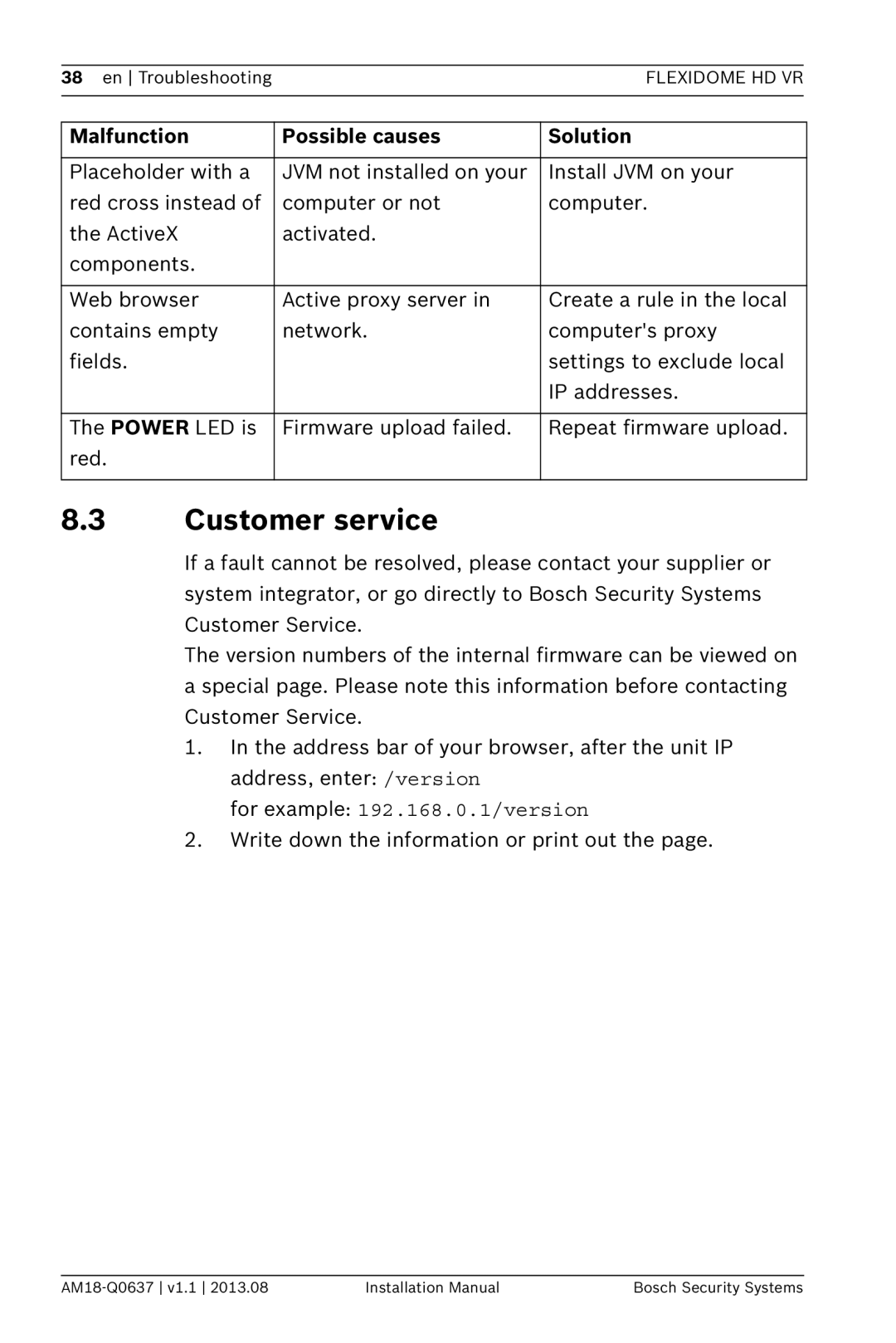 Bosch Appliances NIN-932, NIN-832, NIN-733 installation manual Customer service, For example 192.168.0.1/version 