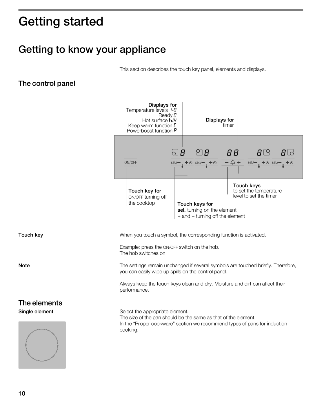 Bosch Appliances NIT8053UC manual Getting started, Getting to know your appliance, Control panel, Elements 