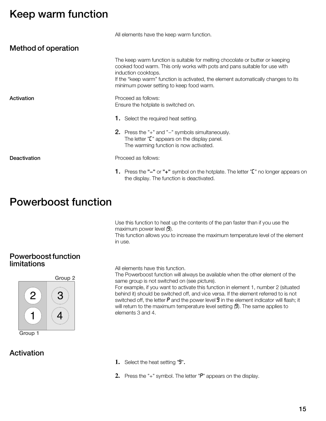 Bosch Appliances NIT8053UC manual Keep warm function, Method of operation, Powerboost function limitations, Activation 